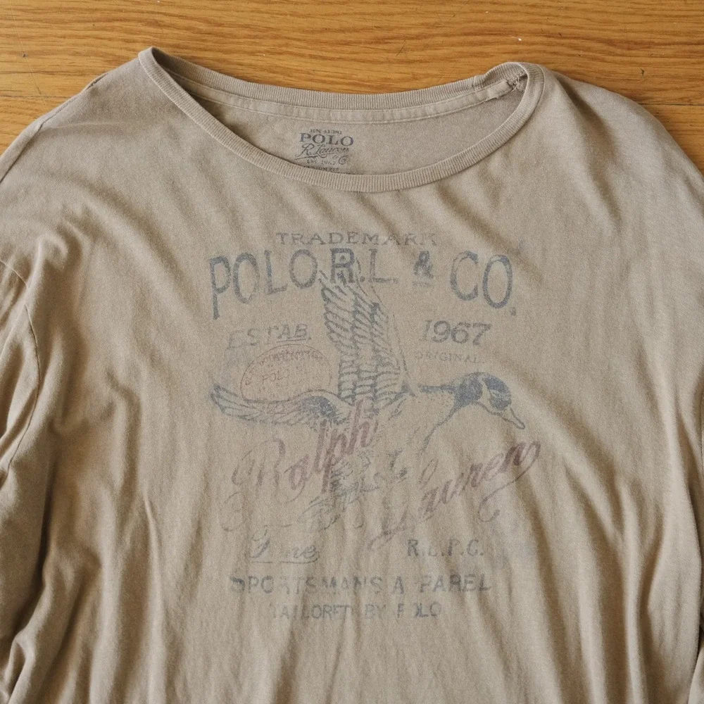 Polo Ralph Lauren Graphic T-Shirt Mens Tan Duck Print Rugged XXL Long Sleeve